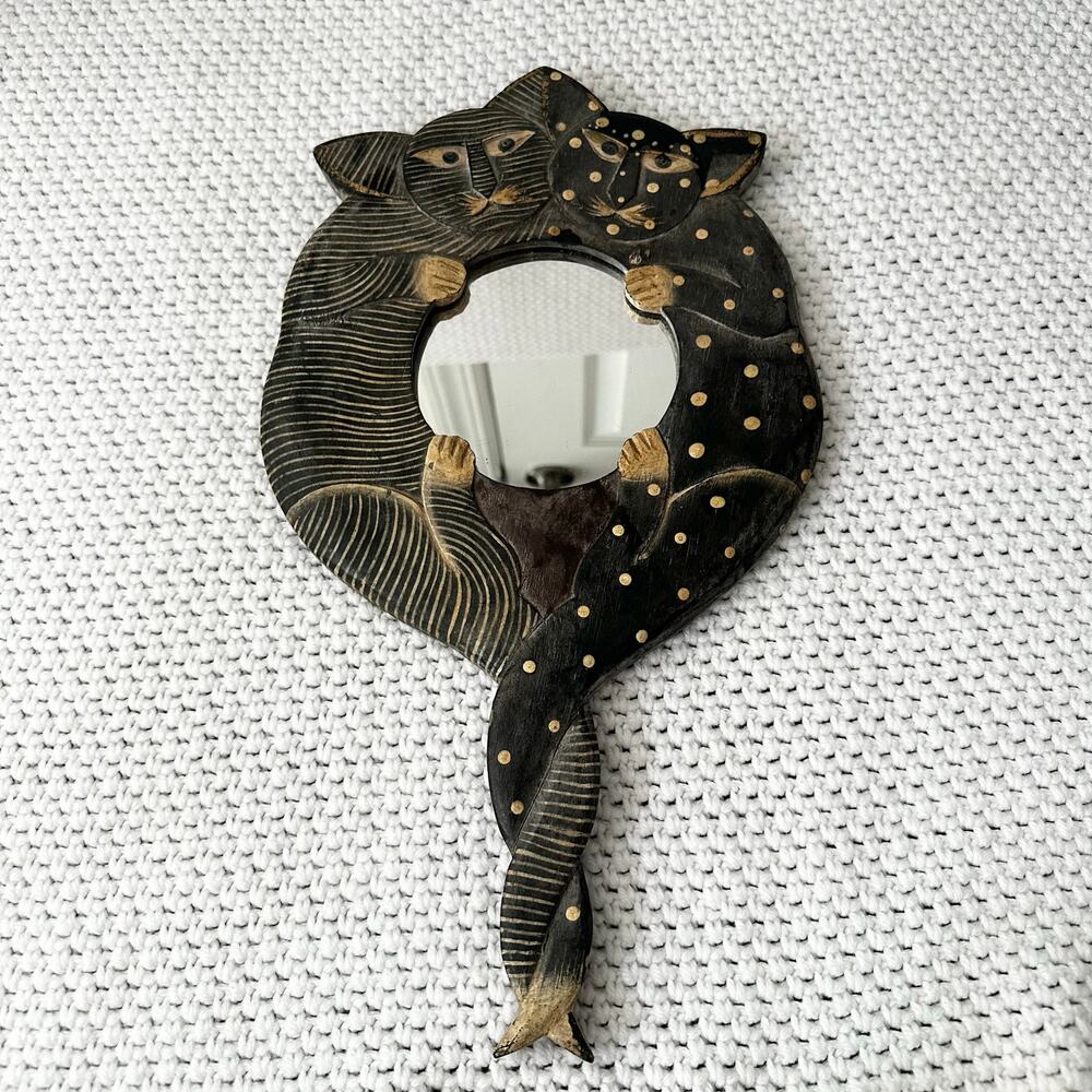 Pier 1 Imports Vintage Hugging Cats Primitive Folk Wood Handheld Hanging Mirror